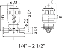 Air to Open Actuated Diaphragm Valve, Tri-Clamp® Ends Short, EPDM Dia EP 15 Ra